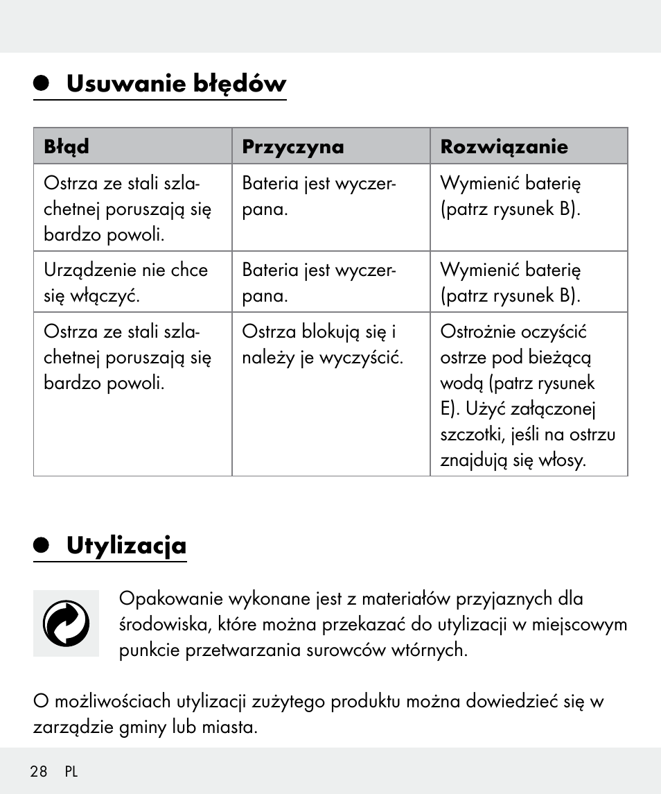 Usuwanie błędów, Utylizacja | Silvercrest Z31635 User Manual | Page 28 / 96