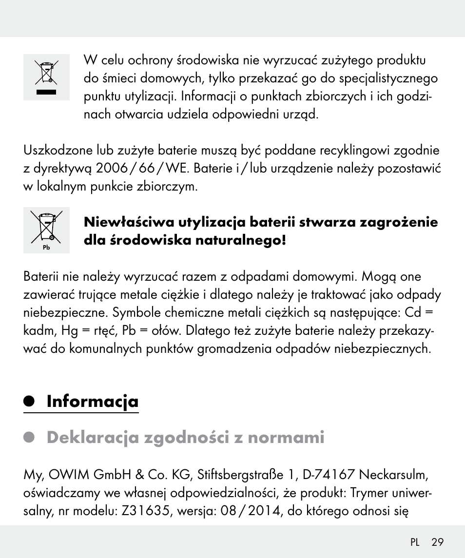 Informacja deklaracja zgodności z normami | Silvercrest Z31635 User Manual | Page 29 / 96