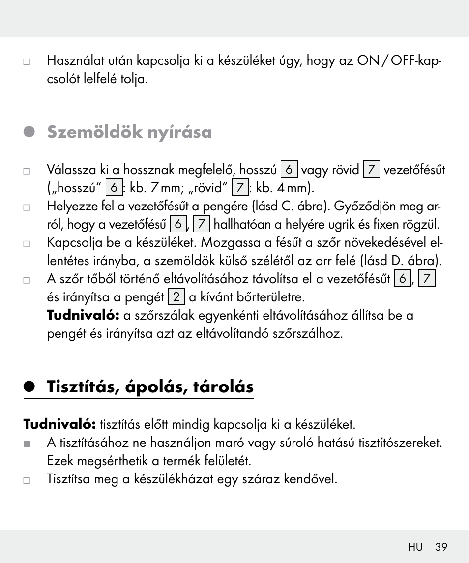 Szemöldök nyírása, Tisztítás, ápolás, tárolás | Silvercrest Z31635 User Manual | Page 39 / 96