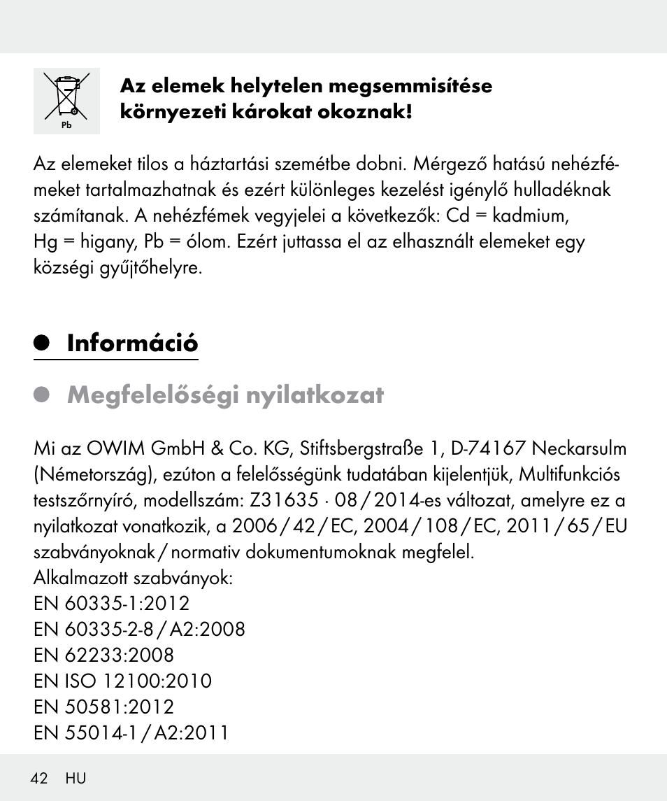 Információ megfelelőségi nyilatkozat | Silvercrest Z31635 User Manual | Page 42 / 96