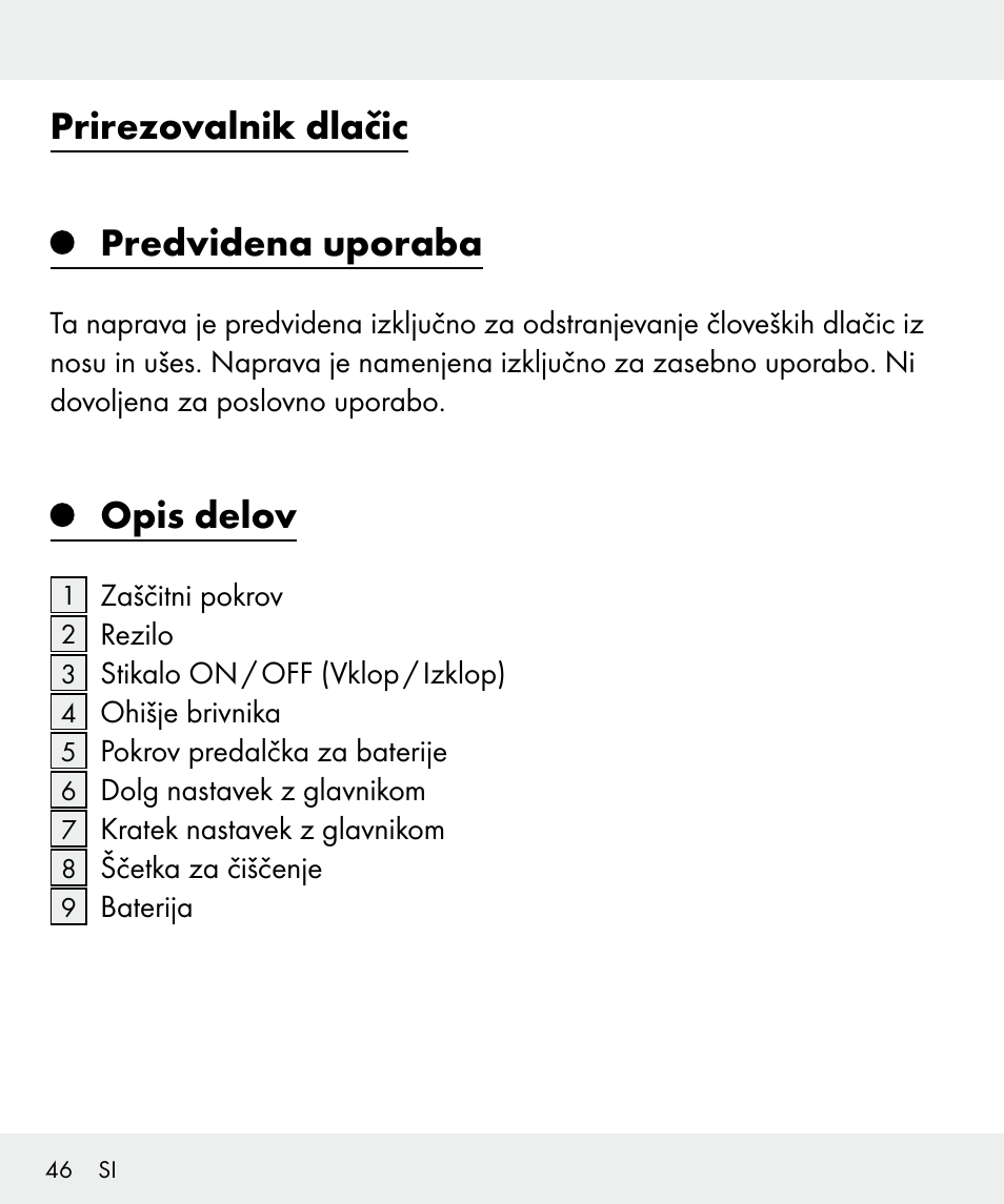 Prirezovalnik dlačic predvidena uporaba, Opis delov | Silvercrest Z31635 User Manual | Page 46 / 96