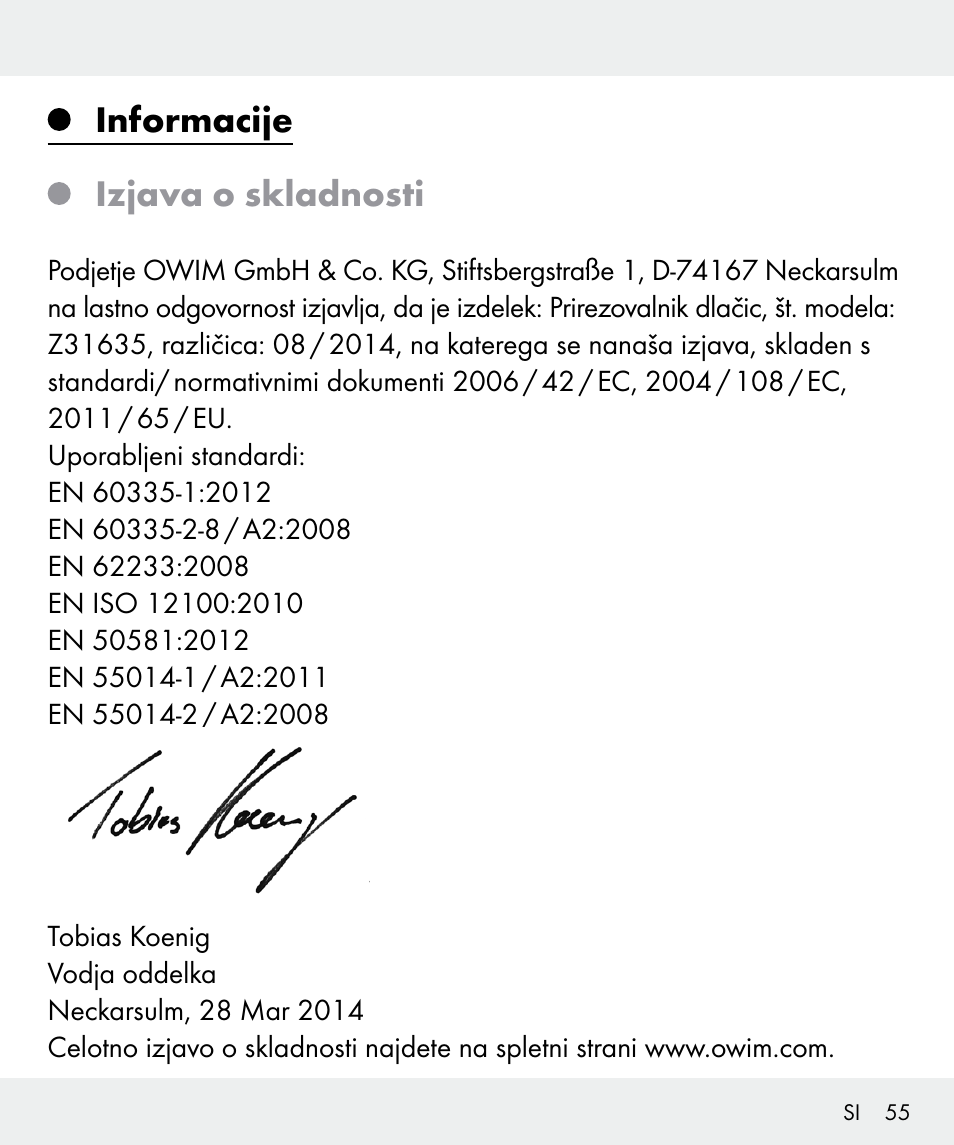 Informacije izjava o skladnosti | Silvercrest Z31635 User Manual | Page 55 / 96