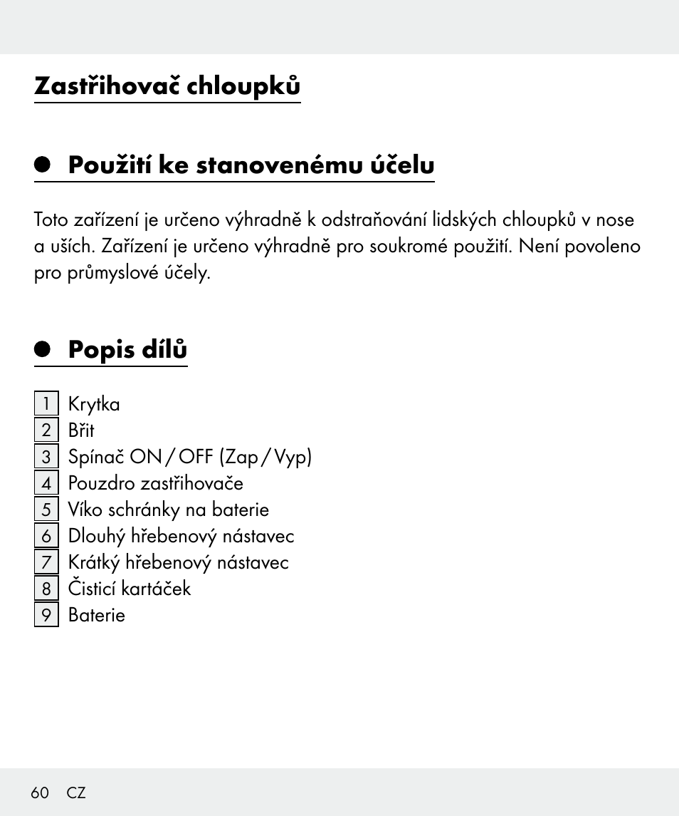 Zastřihovač chloupků použití ke stanovenému účelu, Popis dílů | Silvercrest Z31635 User Manual | Page 60 / 96