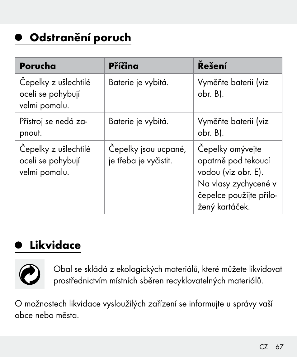 Odstranění poruch, Likvidace | Silvercrest Z31635 User Manual | Page 67 / 96