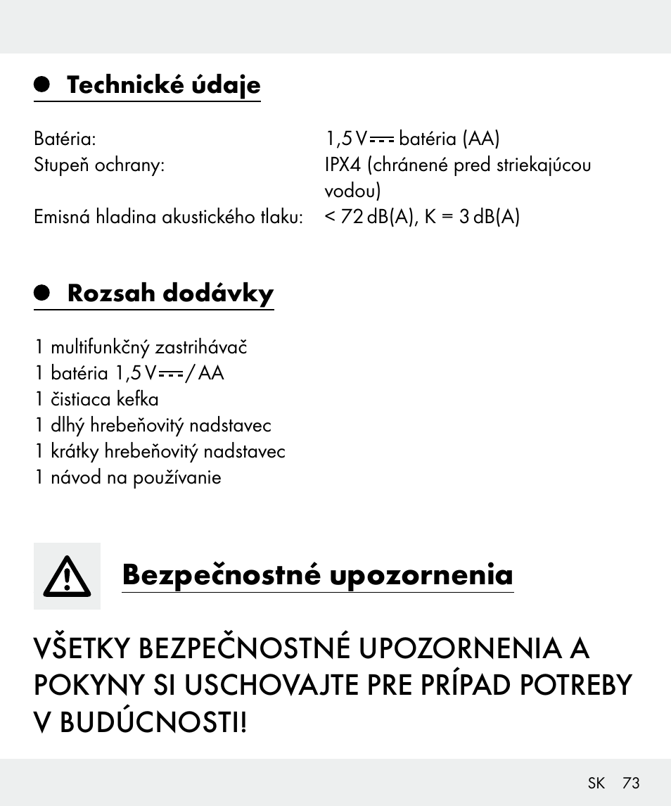 Technické údaje, Rozsah dodávky | Silvercrest Z31635 User Manual | Page 73 / 96