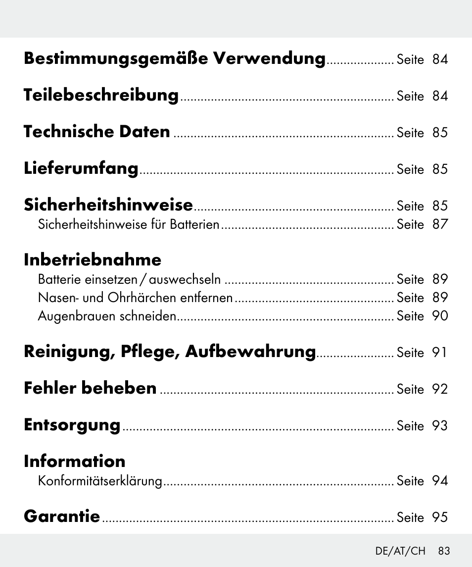 Bestimmungsgemäße verwendung, Teilebeschreibung, Technische daten | Lieferumfang, Sicherheitshinweise, Inbetriebnahme, Reinigung, pflege, aufbewahrung, Fehler beheben, Entsorgung, Information | Silvercrest Z31635 User Manual | Page 83 / 96