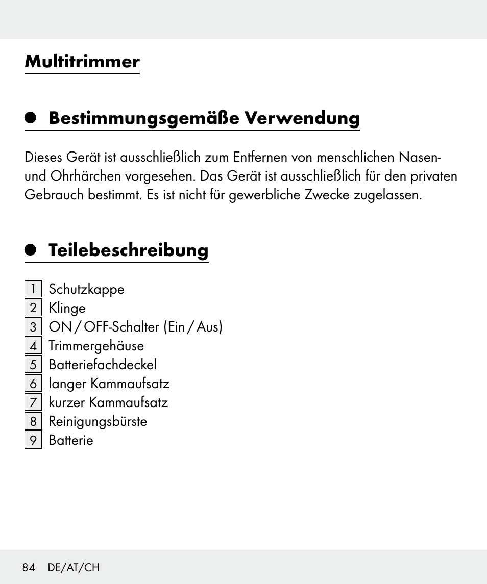 Multitrimmer bestimmungsgemäße verwendung, Teilebeschreibung | Silvercrest Z31635 User Manual | Page 84 / 96