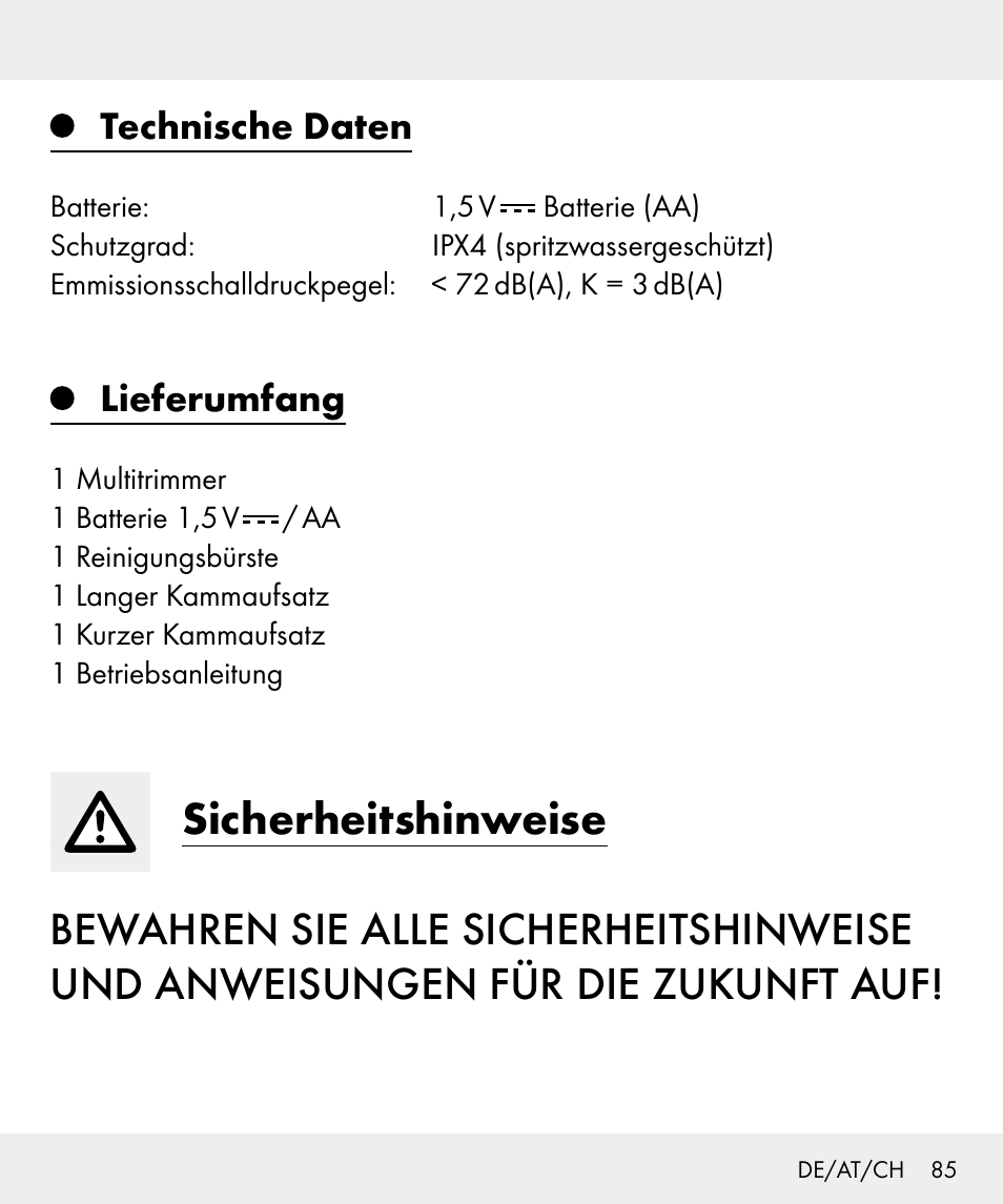 Technische daten, Lieferumfang | Silvercrest Z31635 User Manual | Page 85 / 96