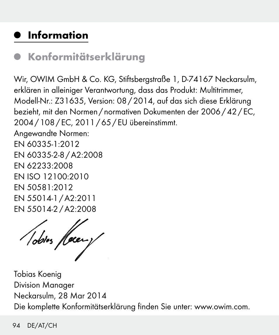 Information konformitätserklärung | Silvercrest Z31635 User Manual | Page 94 / 96