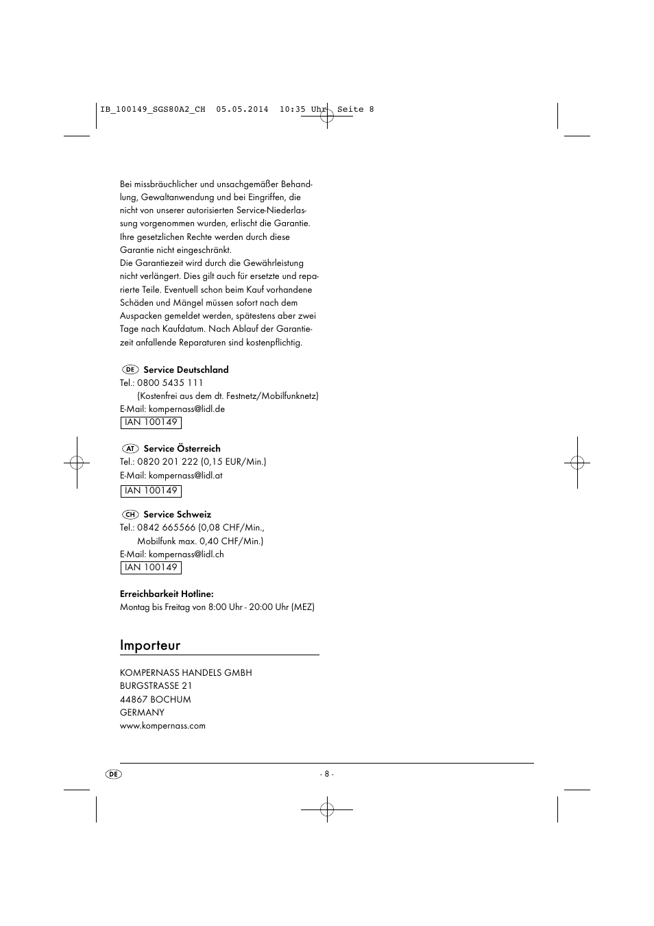 Importeur | Silvercrest SGS 80 A2 User Manual | Page 11 / 36