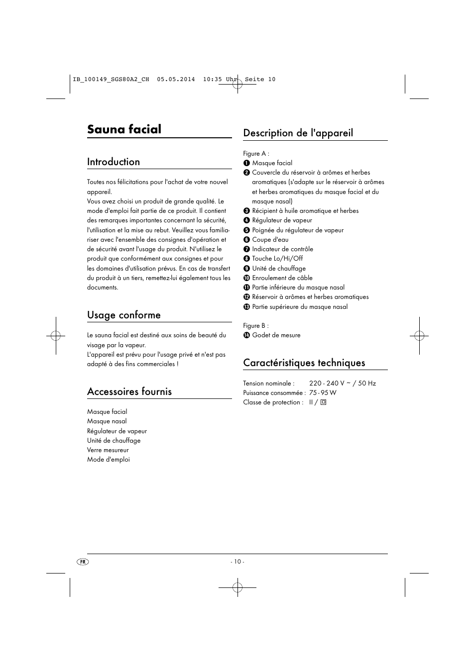 Sauna facial, Introduction, Usage conforme | Accessoires fournis, Description de l'appareil, Caractéristiques techniques | Silvercrest SGS 80 A2 User Manual | Page 13 / 36