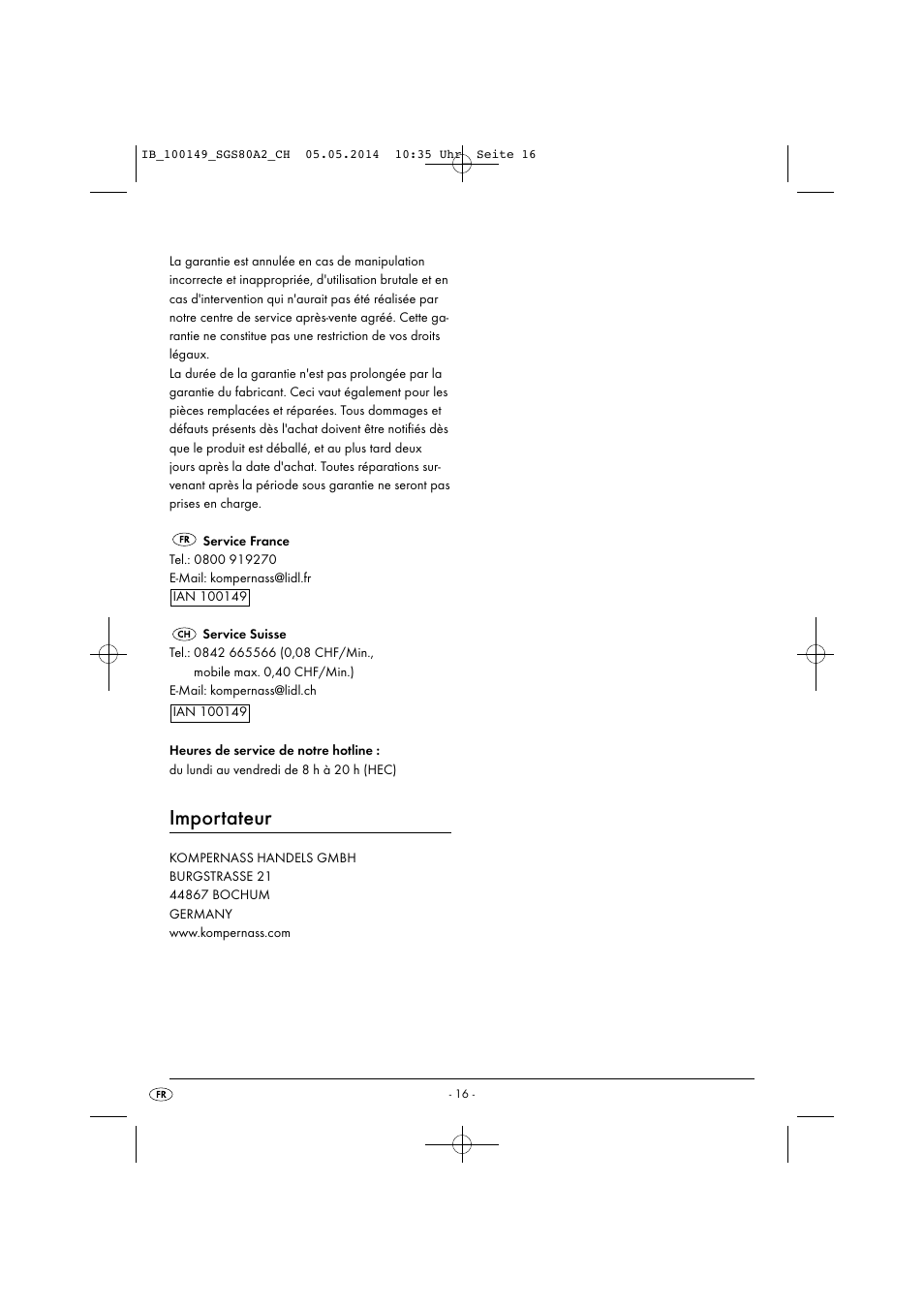 Importateur | Silvercrest SGS 80 A2 User Manual | Page 19 / 36