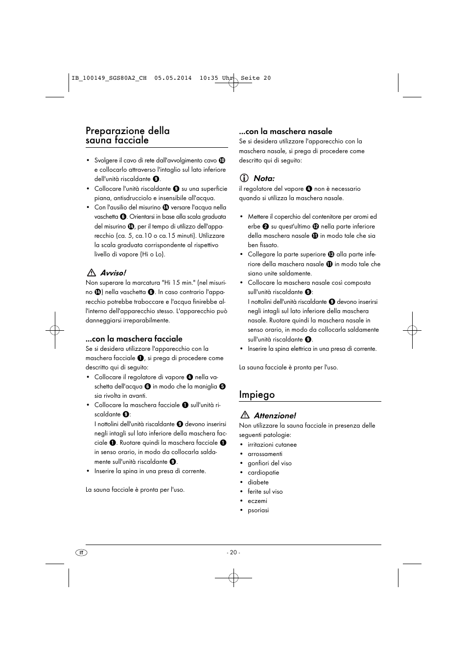 Preparazione della sauna facciale, Impiego | Silvercrest SGS 80 A2 User Manual | Page 23 / 36