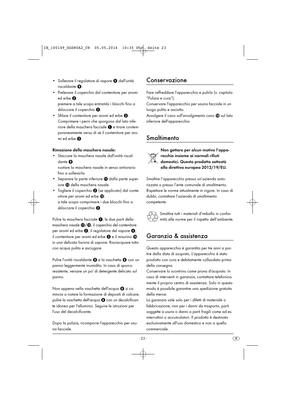Conservazione, Smaltimento, Garanzia & assistenza | Silvercrest SGS 80 A2 User Manual | Page 26 / 36