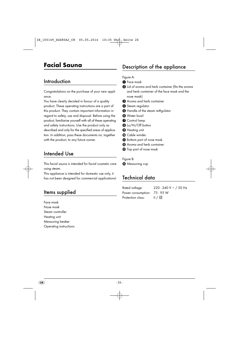Facial sauna, Introduction, Intended use | Items supplied, Description of the appliance, Technical data | Silvercrest SGS 80 A2 User Manual | Page 29 / 36