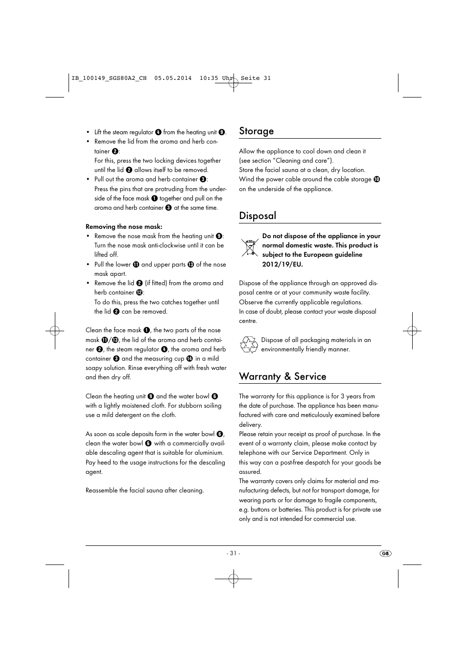 Storage, Disposal, Warranty & service | Silvercrest SGS 80 A2 User Manual | Page 34 / 36
