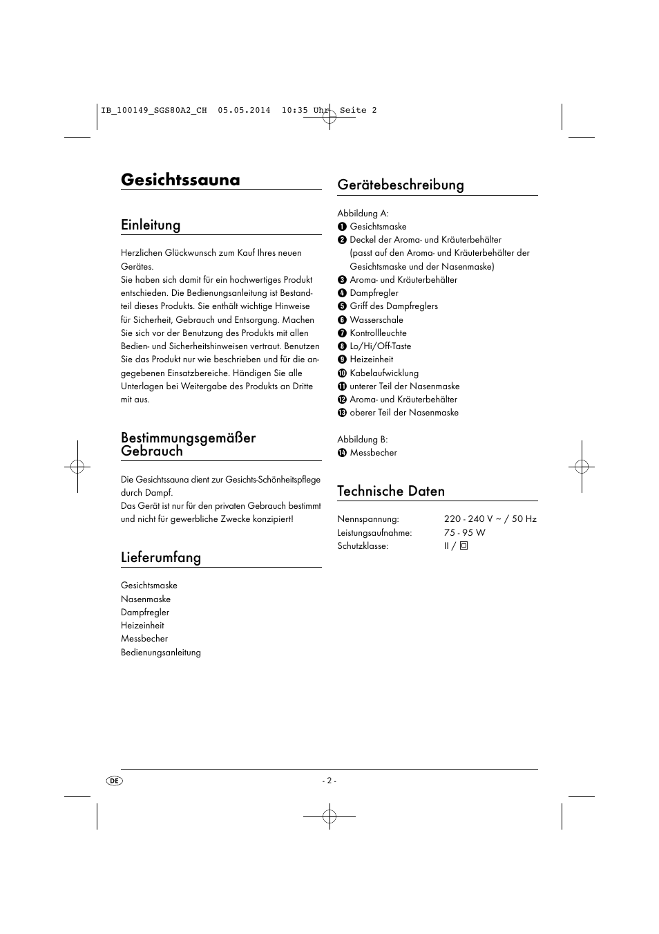 Gesichtssauna, Einleitung, Bestimmungsgemäßer gebrauch | Lieferumfang, Gerätebeschreibung, Technische daten | Silvercrest SGS 80 A2 User Manual | Page 5 / 36