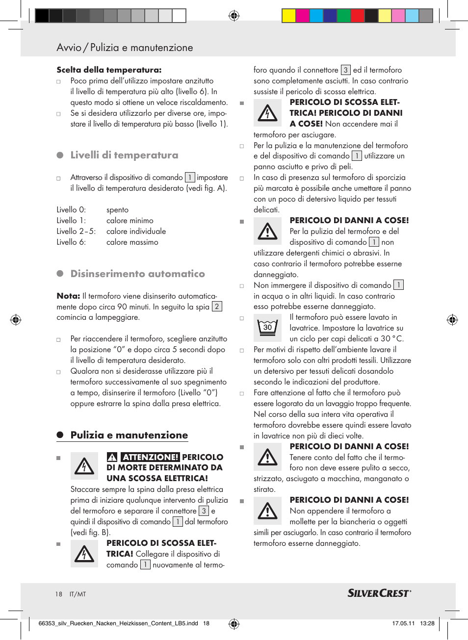 Avvio / pulizia e manutenzione, Livelli di temperatura, Disinserimento automatico | Pulizia e manutenzione | Silvercrest Back & Neck Heat Pad User Manual | Page 14 / 40