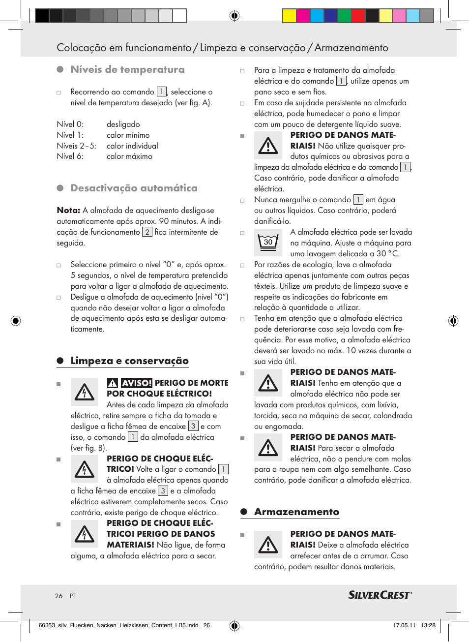 Níveis de temperatura, Desactivação automática, Limpeza e conservação | Armazenamento | Silvercrest Back & Neck Heat Pad User Manual | Page 22 / 40