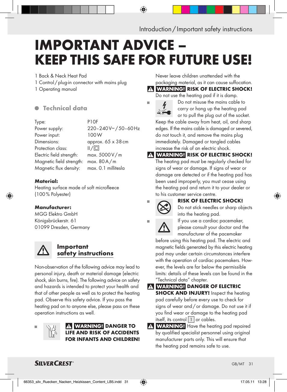 Important advice – keep this safe for future use, Introduction / important safety instructions | Silvercrest Back & Neck Heat Pad User Manual | Page 27 / 40