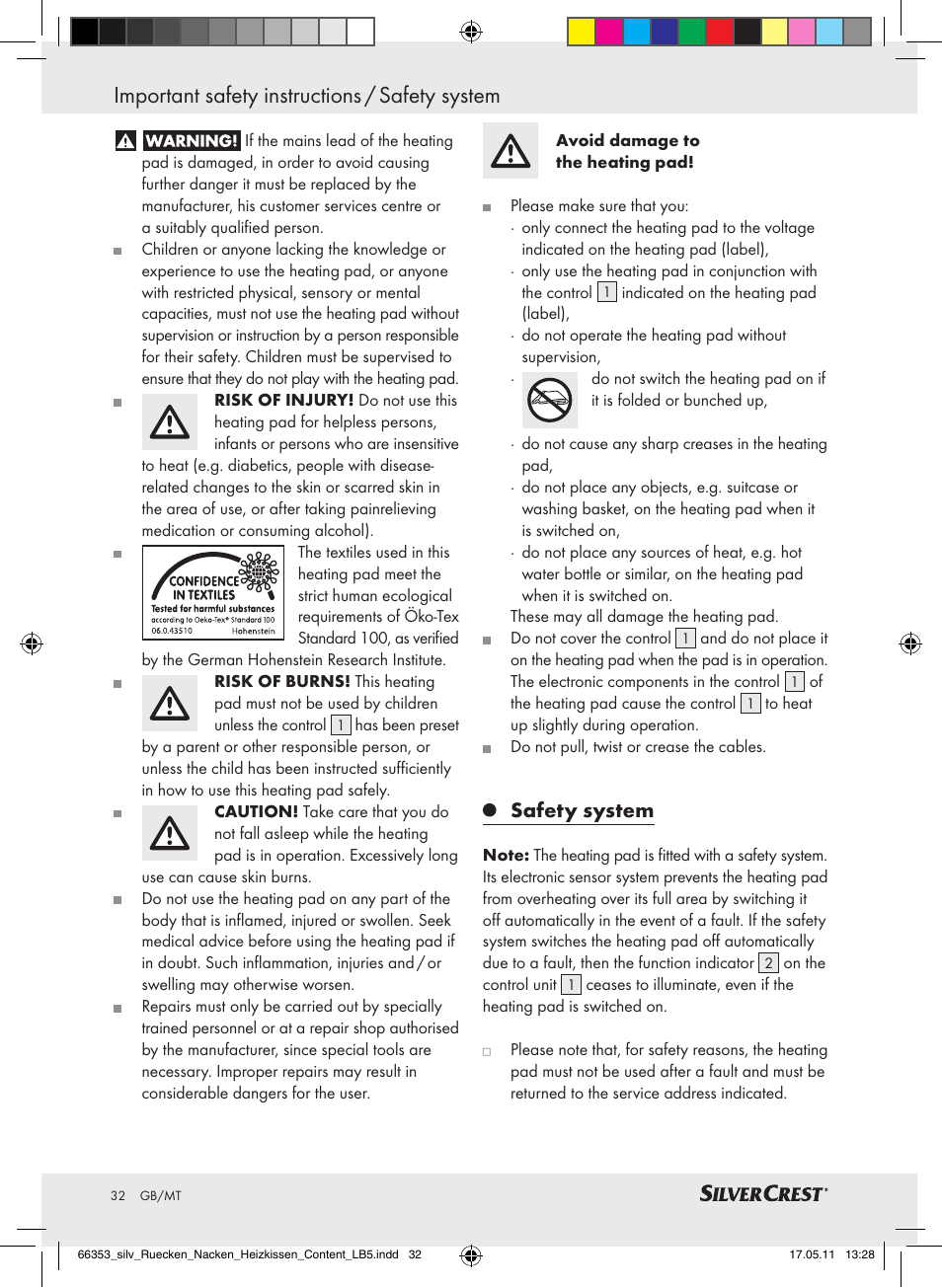 Important safety instructions / safety system, Safety system | Silvercrest Back & Neck Heat Pad User Manual | Page 28 / 40