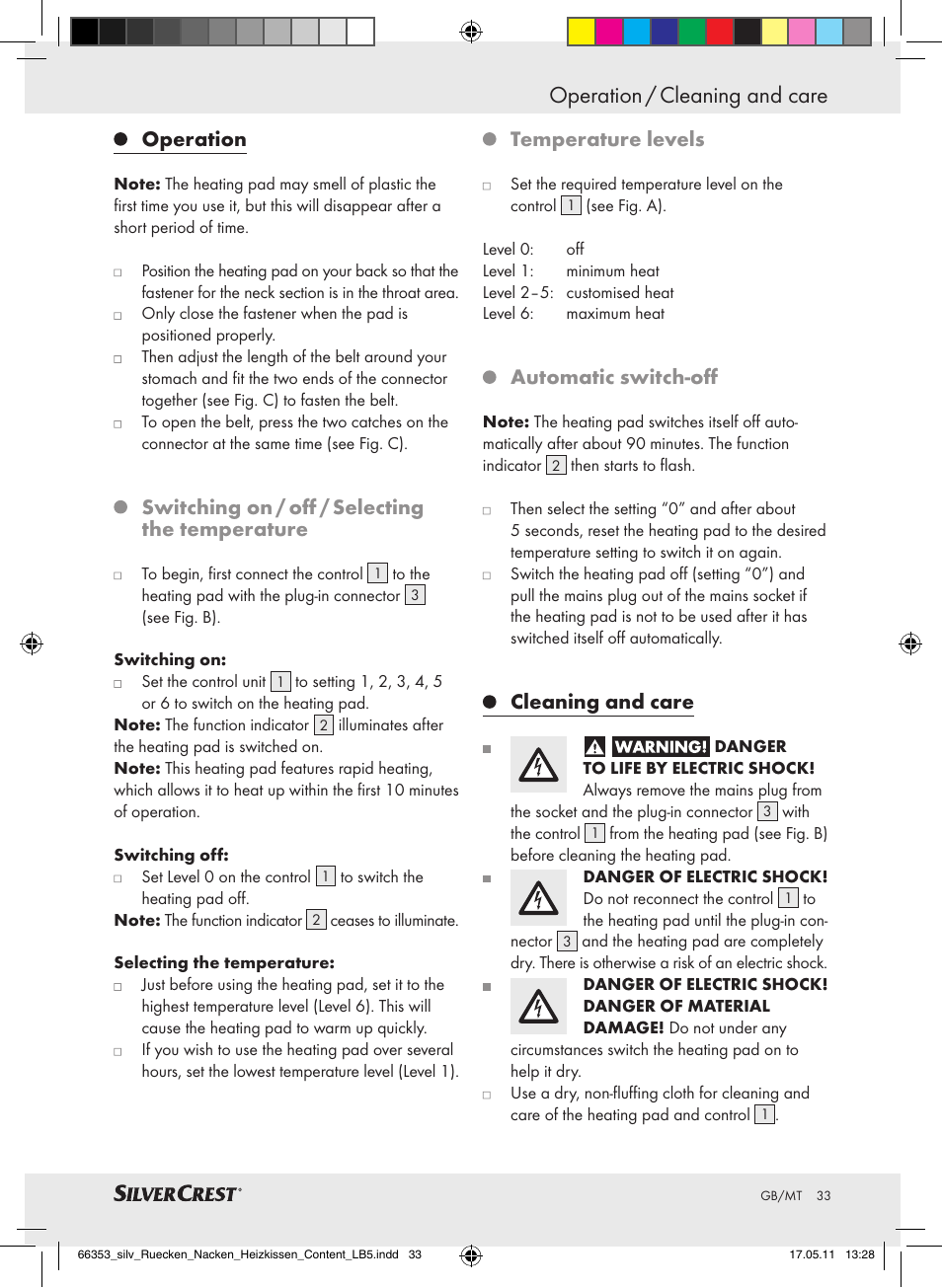 Operation / cleaning and care, Operation, Switching on / off / selecting the temperature | Temperature levels, Automatic switch-off, Cleaning and care | Silvercrest Back & Neck Heat Pad User Manual | Page 29 / 40