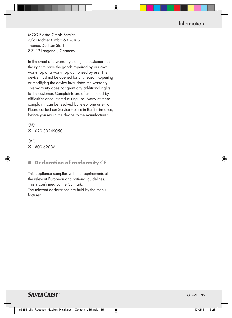 Information, Declaration of conformity | Silvercrest Back & Neck Heat Pad User Manual | Page 31 / 40