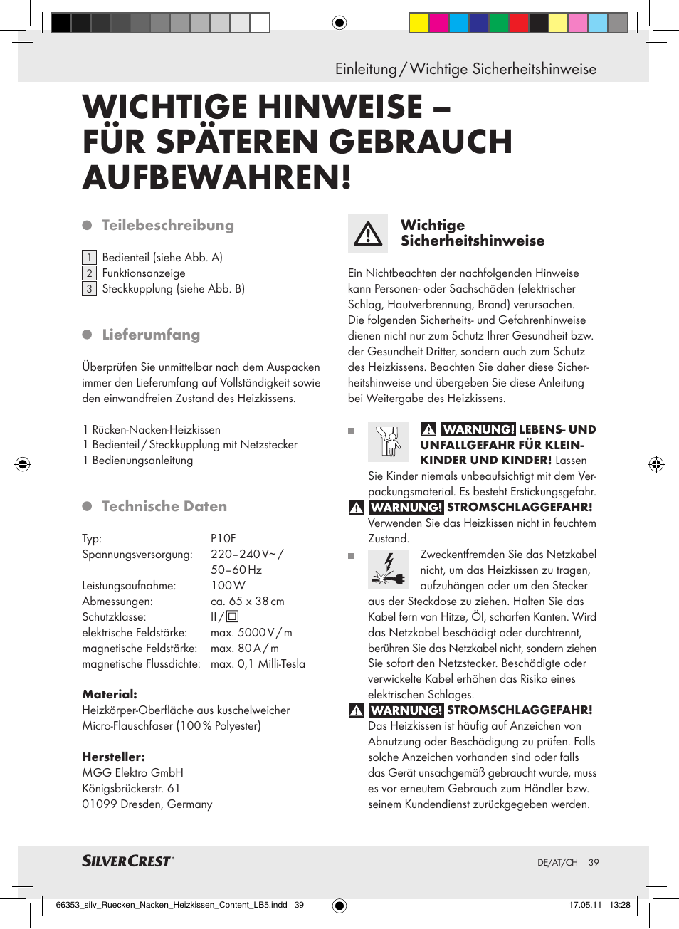 Einleitung / wichtige sicherheitshinweise | Silvercrest Back & Neck Heat Pad User Manual | Page 35 / 40