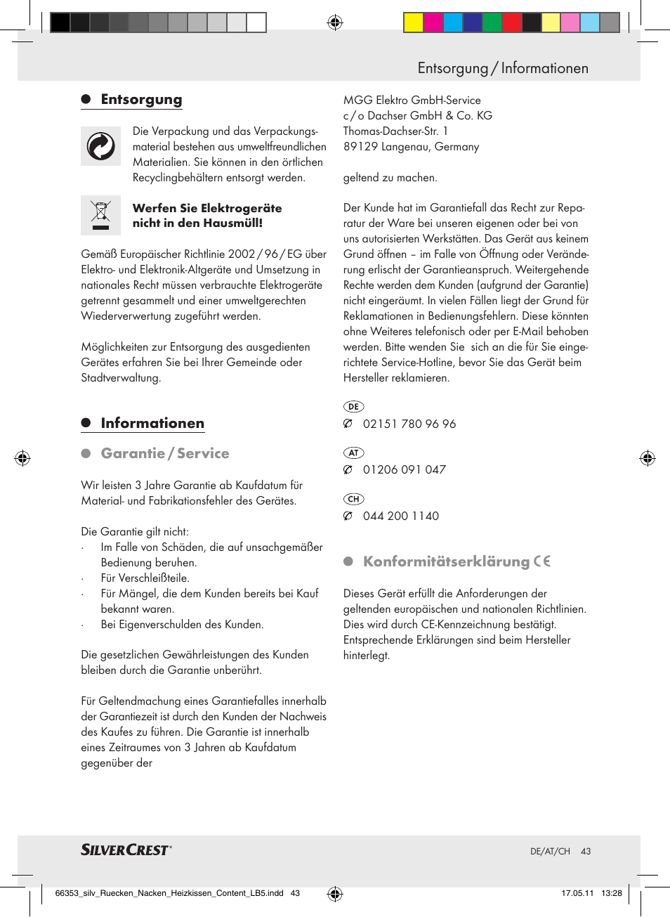 Entsorgung / informationen, Entsorgung, Informationen garantie / service | Konformitätserklärung | Silvercrest Back & Neck Heat Pad User Manual | Page 39 / 40