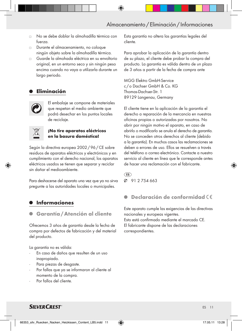 Almacenamiento / eliminación / informaciones, Eliminación, Informaciones garantía / atención al cliente | Declaración de conformidad | Silvercrest Back & Neck Heat Pad User Manual | Page 7 / 40