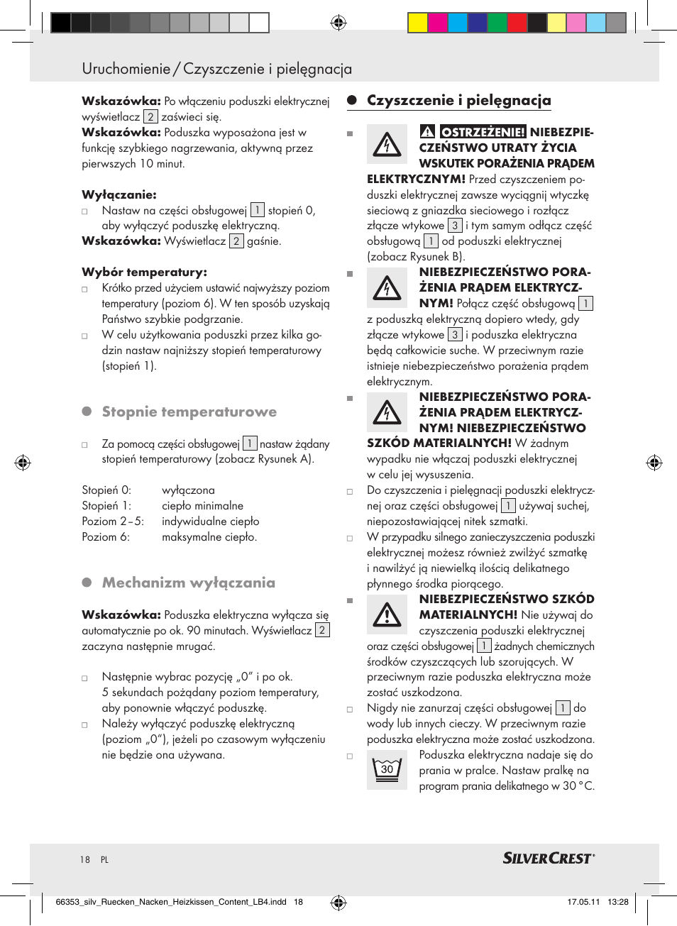 Uruchomienie / czyszczenie i pielęgnacja, Stopnie temperaturowe, Mechanizm wyłączania | Czyszczenie i pielęgnacja | Silvercrest Back & Neck Heat Pad User Manual | Page 14 / 56