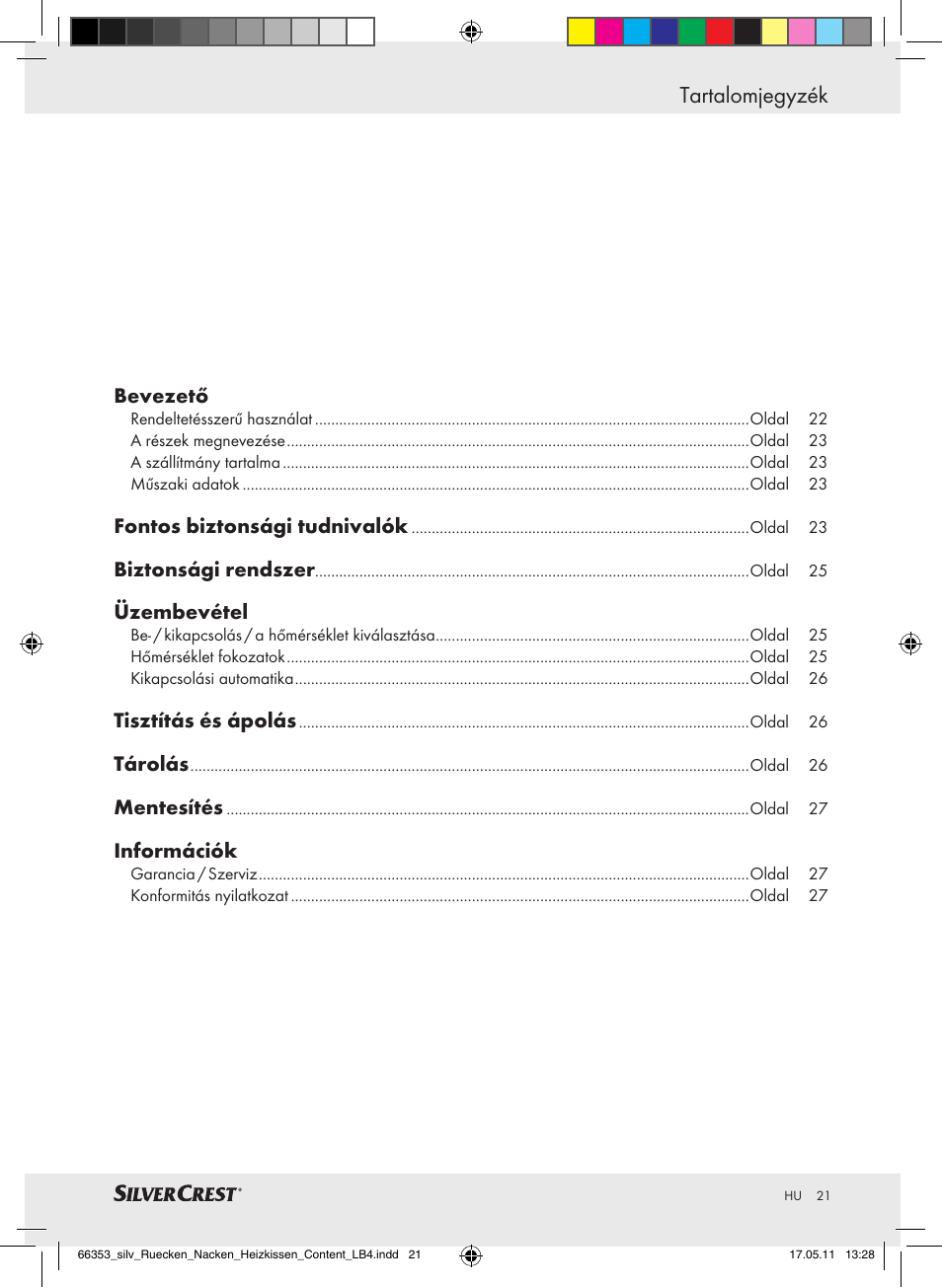 Tartalomjegyzék | Silvercrest Back & Neck Heat Pad User Manual | Page 17 / 56