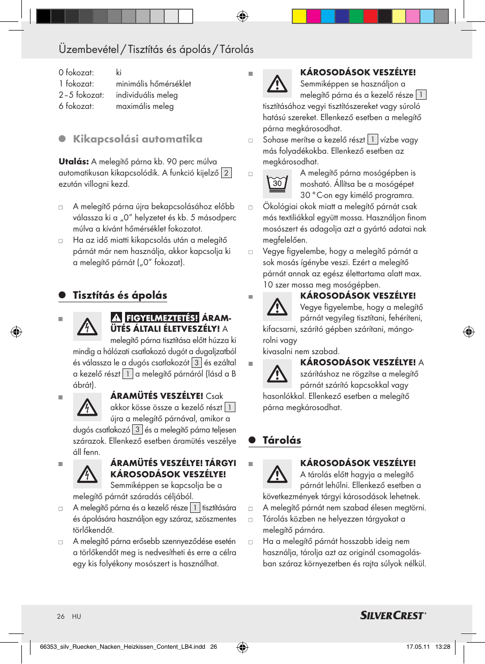 Üzembevétel / tisztítás és ápolás / tárolás, Kikapcsolási automatika, Tisztítás és ápolás | Tárolás | Silvercrest Back & Neck Heat Pad User Manual | Page 22 / 56