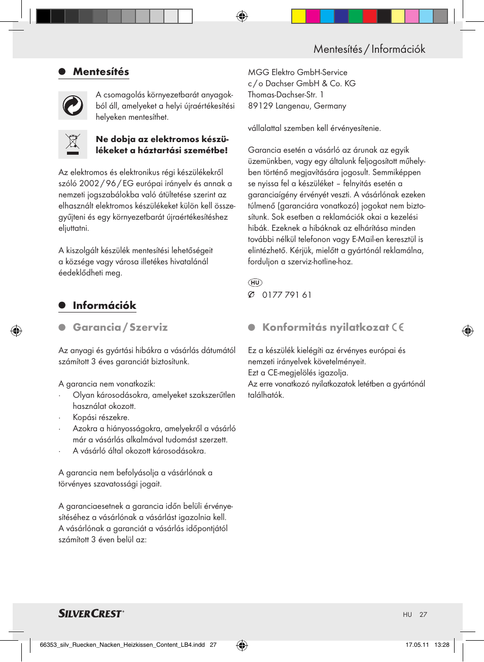 Mentesítés / információk, Mentesítés, Információk garancia / szerviz | Konformitás nyilatkozat | Silvercrest Back & Neck Heat Pad User Manual | Page 23 / 56