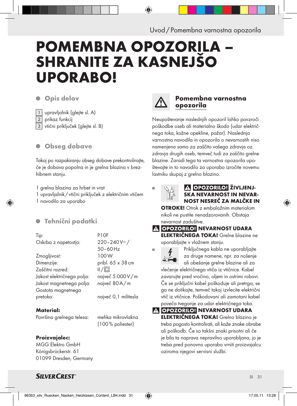 Pomembna opozorila – shranite za kasnejšo uporabo, Uvod / pomembna varnostna opozorila | Silvercrest Back & Neck Heat Pad User Manual | Page 27 / 56