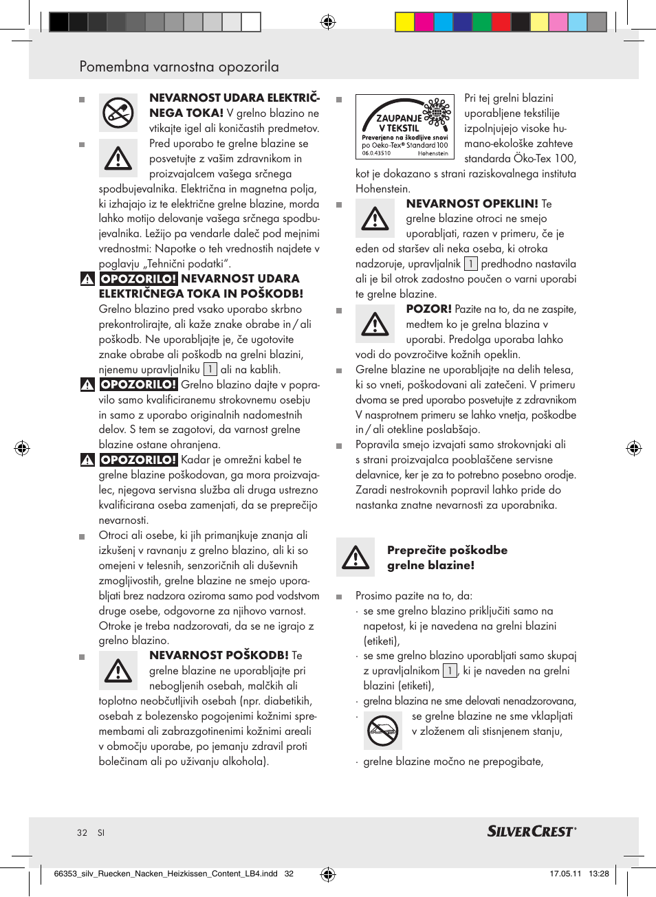 Pomembna varnostna opozorila | Silvercrest Back & Neck Heat Pad User Manual | Page 28 / 56