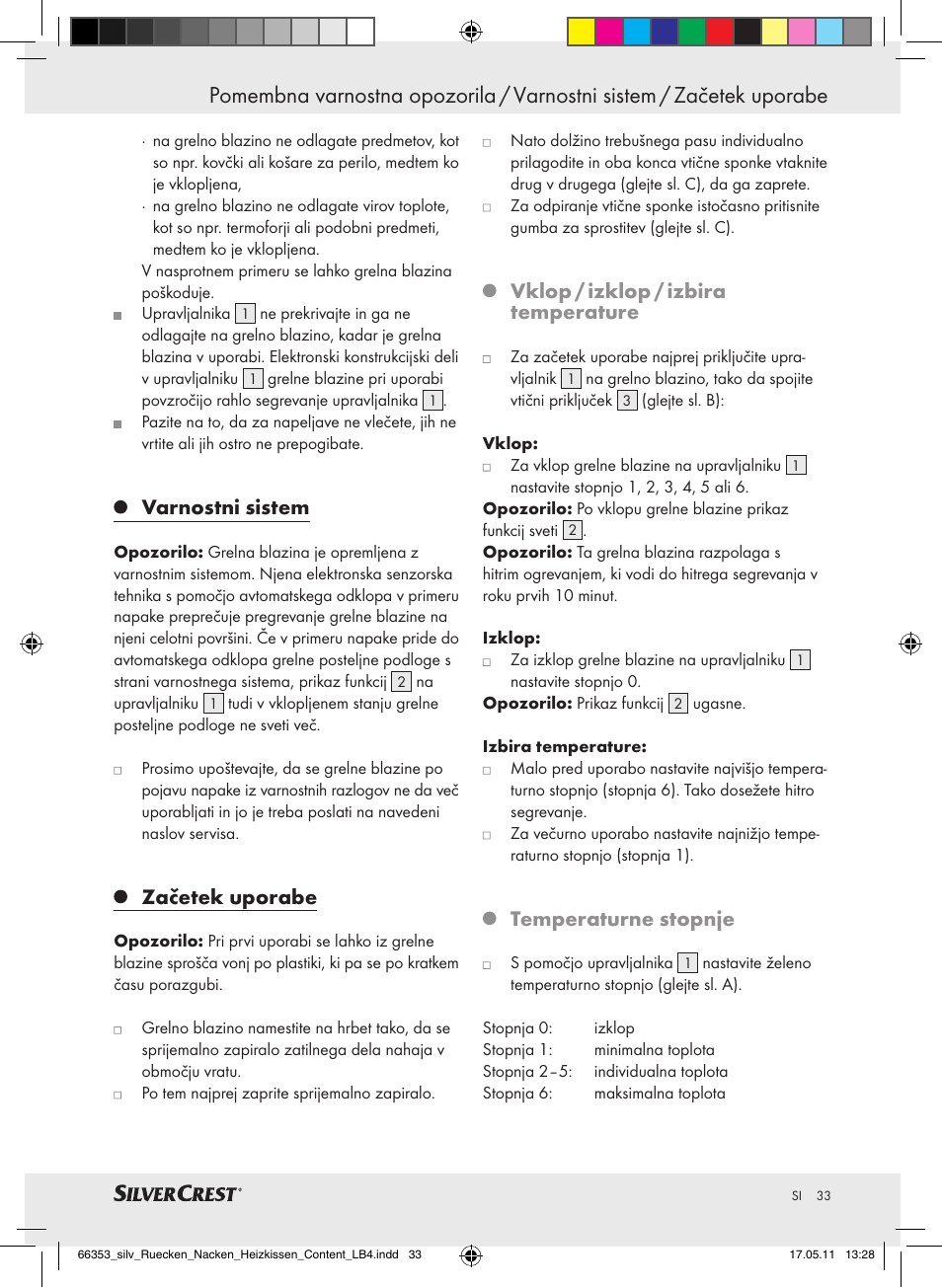 Varnostni sistem, Začetek uporabe, Vklop / izklop / izbira temperature | Temperaturne stopnje | Silvercrest Back & Neck Heat Pad User Manual | Page 29 / 56
