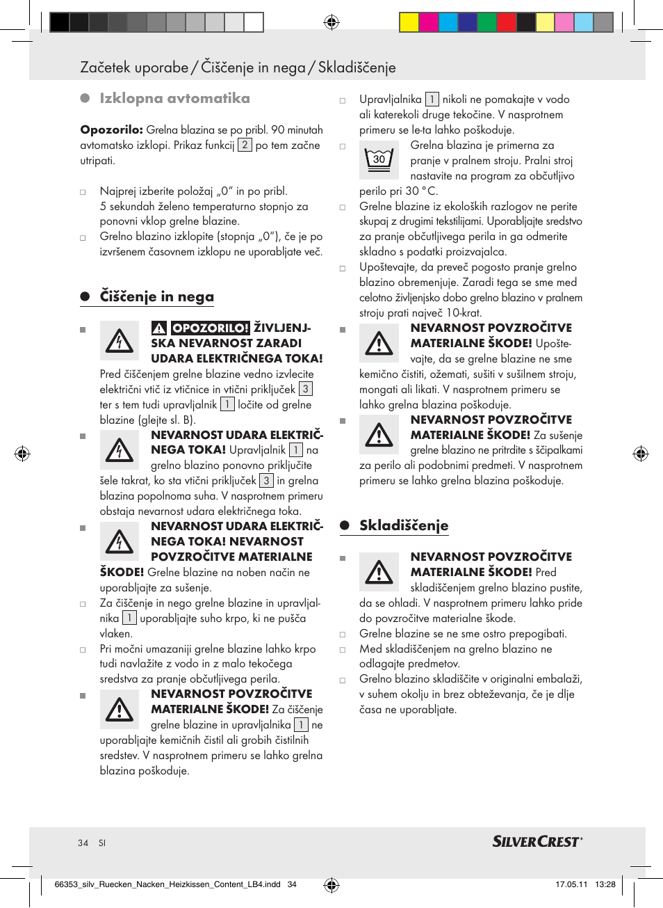 Začetek uporabe / čiščenje in nega / skladiščenje, Izklopna avtomatika, Čiščenje in nega | Skladiščenje | Silvercrest Back & Neck Heat Pad User Manual | Page 30 / 56