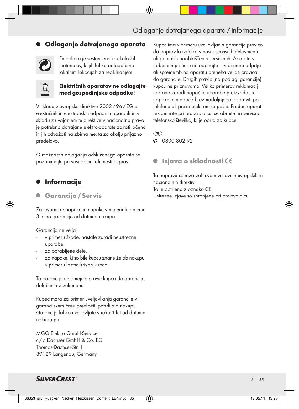 Odlaganje dotrajanega aparata / informacije, Odlaganje dotrajanega aparata, Informacije garancija / servis | Izjava o skladnosti | Silvercrest Back & Neck Heat Pad User Manual | Page 31 / 56