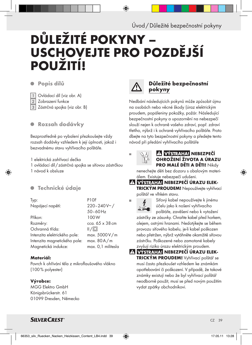 Důležité pokyny – uschovejte pro pozdější použití, Úvod / důležité bezpečnostní pokyny | Silvercrest Back & Neck Heat Pad User Manual | Page 35 / 56