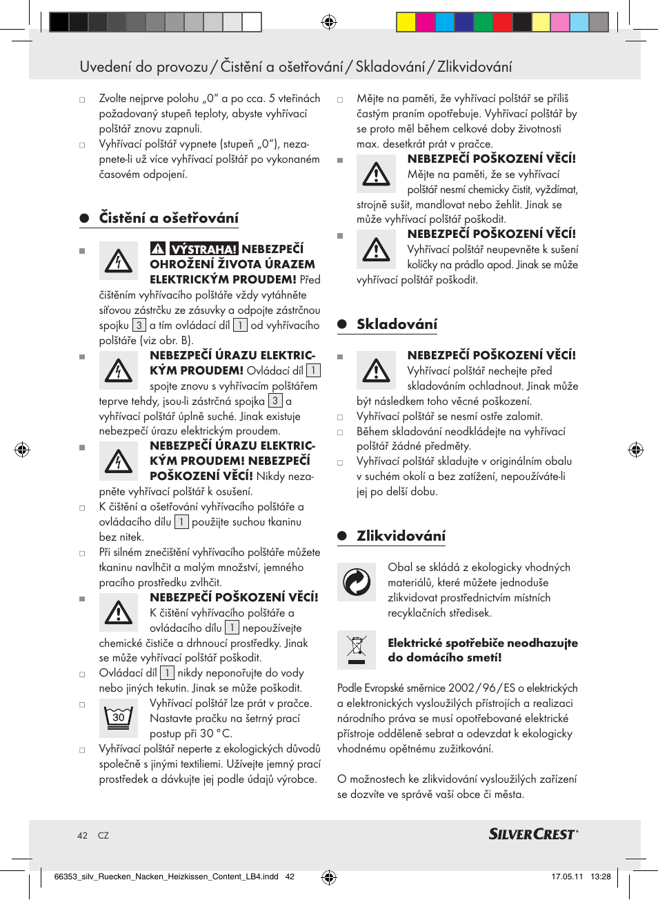 Čistění a ošetřování, Skladování, Zlikvidování | Silvercrest Back & Neck Heat Pad User Manual | Page 38 / 56
