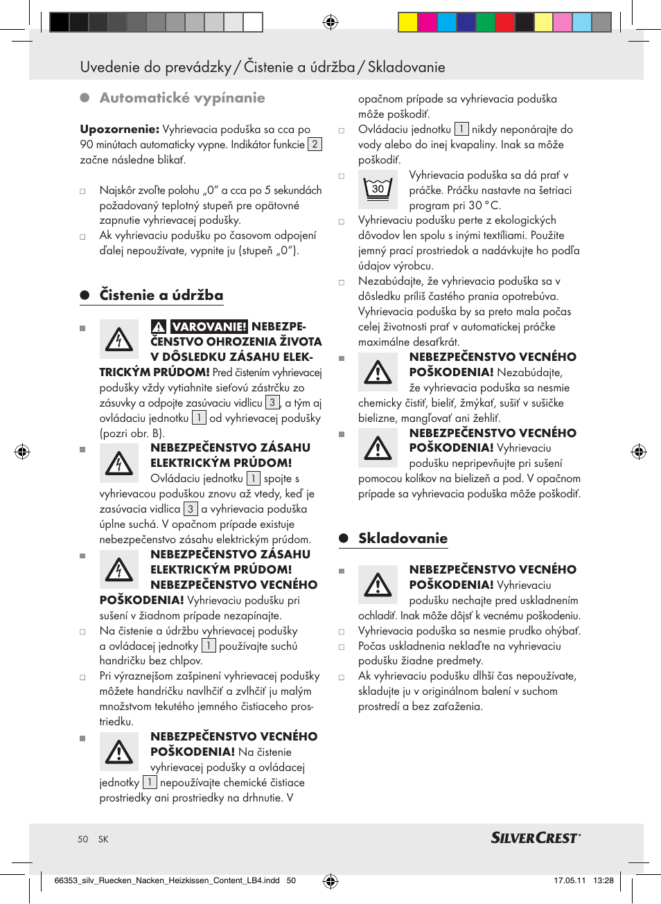Automatické vypínanie, Čistenie a údržba, Skladovanie | Silvercrest Back & Neck Heat Pad User Manual | Page 46 / 56