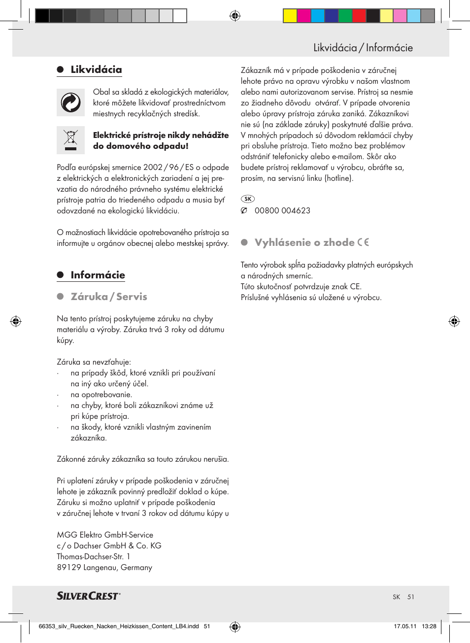 Likvidácia / informácie, Likvidácia, Informácie záruka / servis | Vyhlásenie o zhode | Silvercrest Back & Neck Heat Pad User Manual | Page 47 / 56