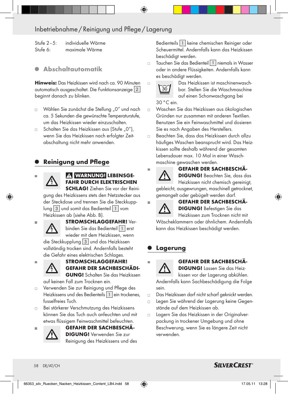 Inbetriebnahme / reinigung und pflege / lagerung, Abschaltautomatik, Reinigung und pflege | Lagerung | Silvercrest Back & Neck Heat Pad User Manual | Page 54 / 56