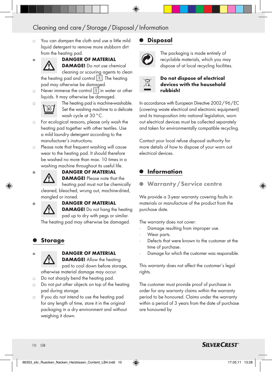 Storage, Disposal, Information warranty / service centre | Silvercrest Back & Neck Heat Pad User Manual | Page 6 / 56
