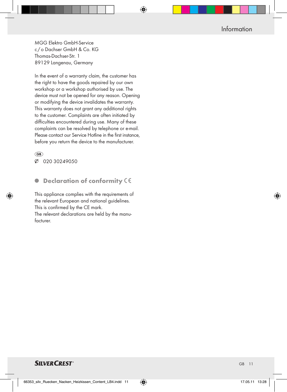 Information, Declaration of conformity | Silvercrest Back & Neck Heat Pad User Manual | Page 7 / 56