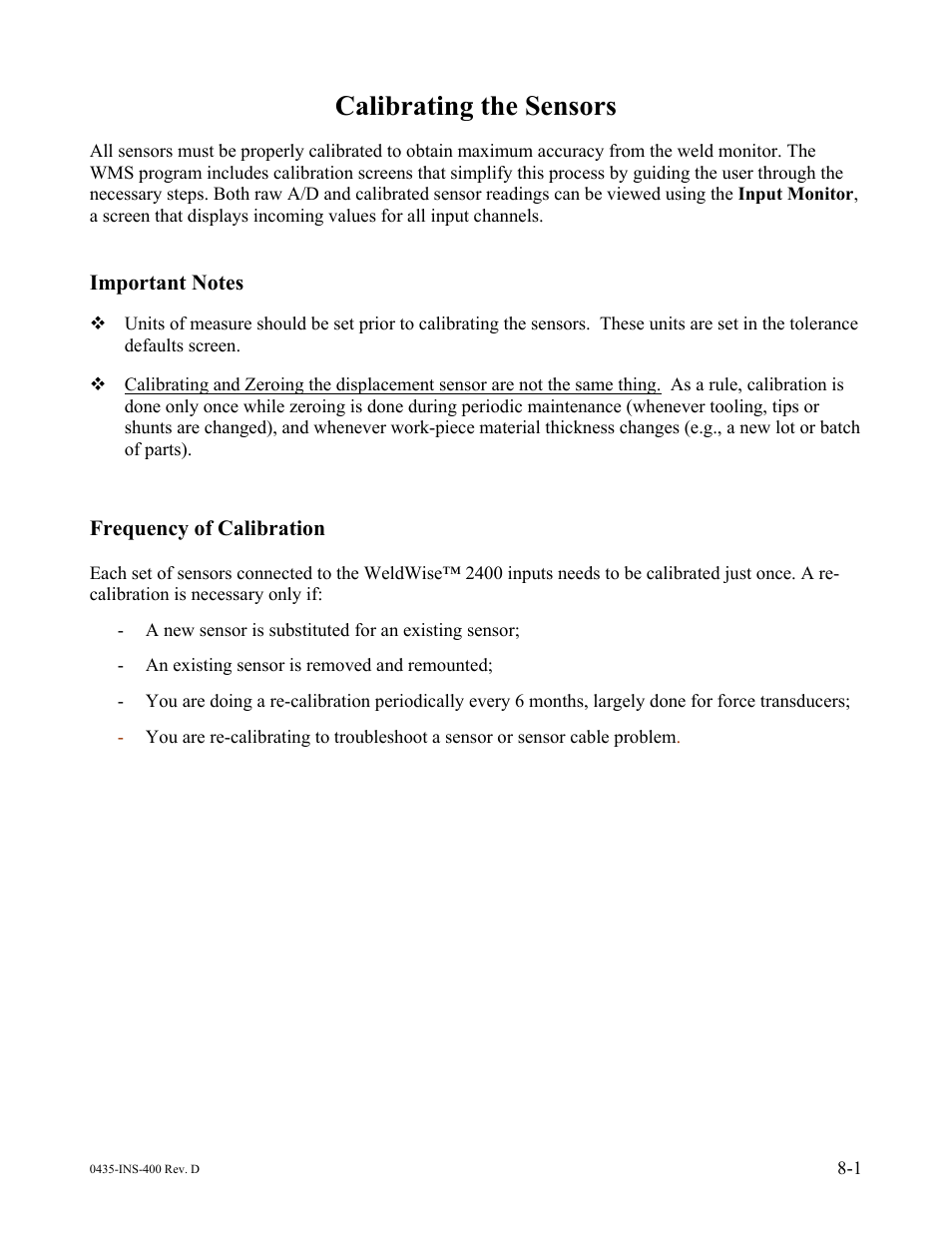 Calibrating the sensors, Frequency of calibration | Dr. Livingstone, I Presume WELDWISE 2400 User Manual | Page 105 / 195