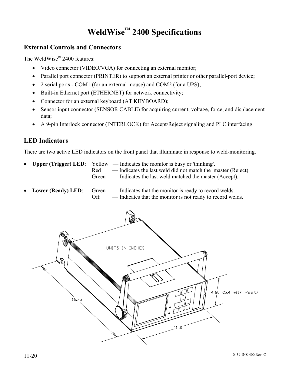 Weldwise, 2400 specifications, External controls and connectors | Led indicators | Dr. Livingstone, I Presume WELDWISE 2400 User Manual | Page 166 / 195