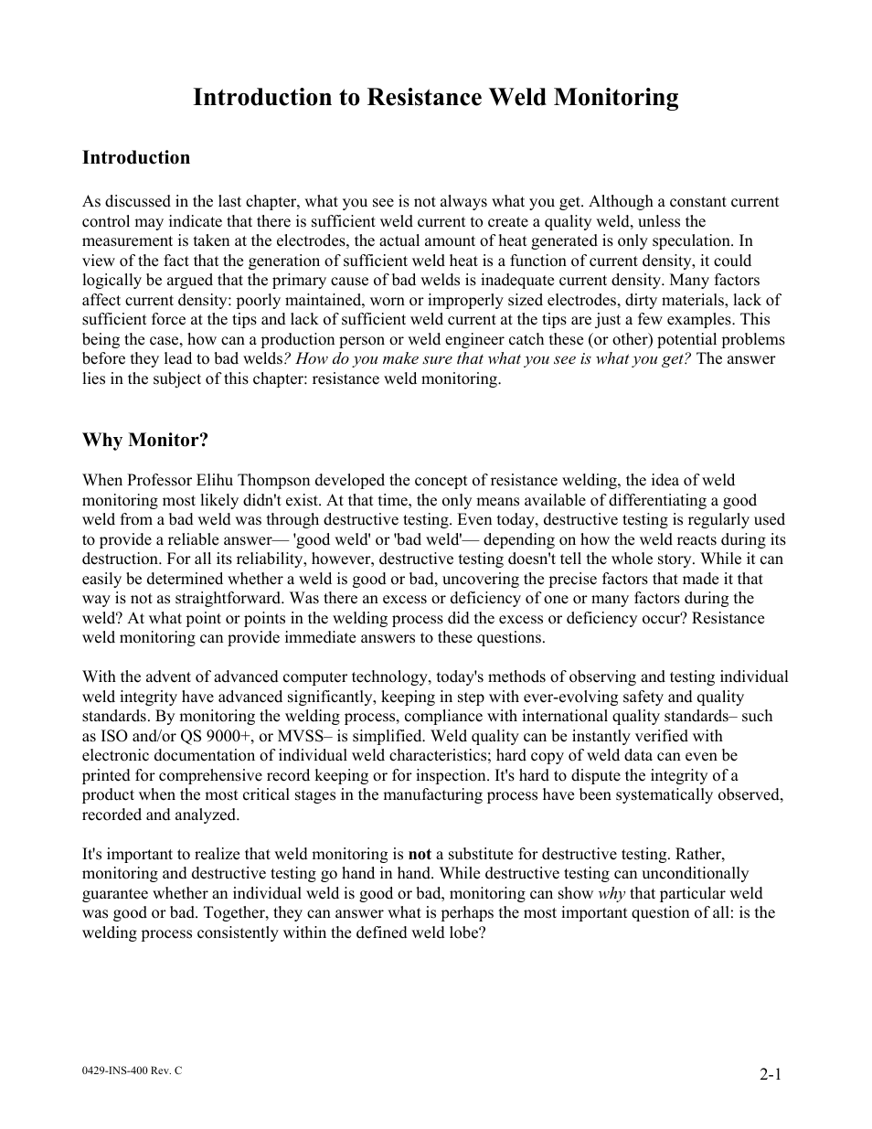 Introduction to resistance weld monitoring, Introduction, Why monitor | Dr. Livingstone, I Presume WELDWISE 2400 User Manual | Page 19 / 195