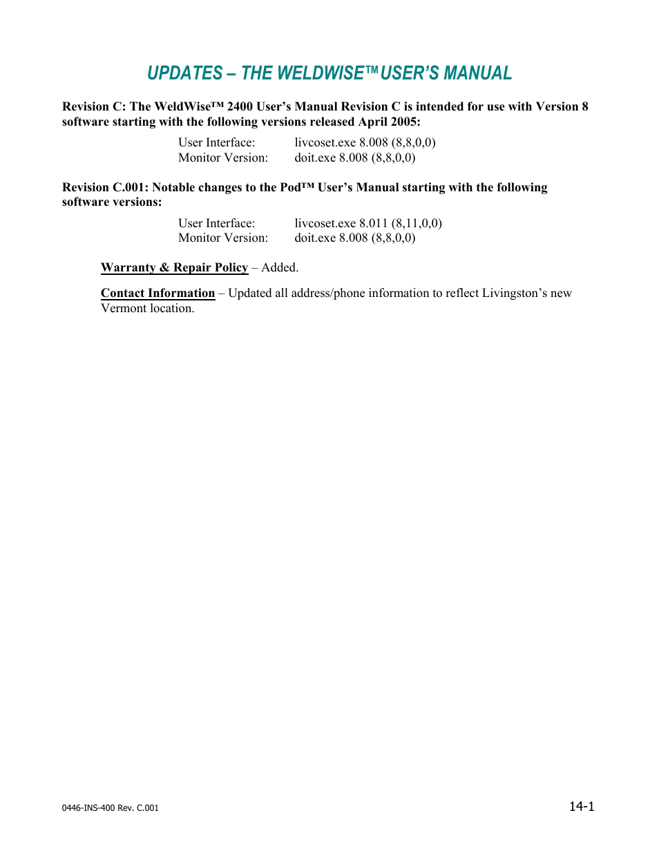 Updates – the weldwise™user’s manual | Dr. Livingstone, I Presume WELDWISE 2400 User Manual | Page 195 / 195